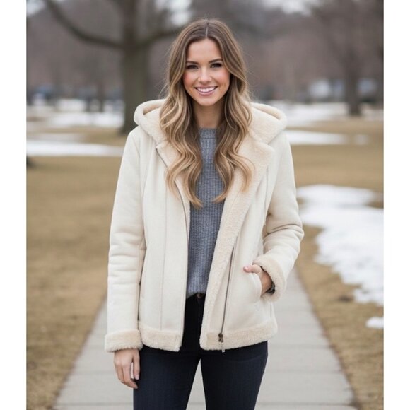 Vtg Y2K Hydraulic Hooded Cream Faux Suede & Fur Lined Penny Lane Coat | Boho Lg - Picture 1 of 16